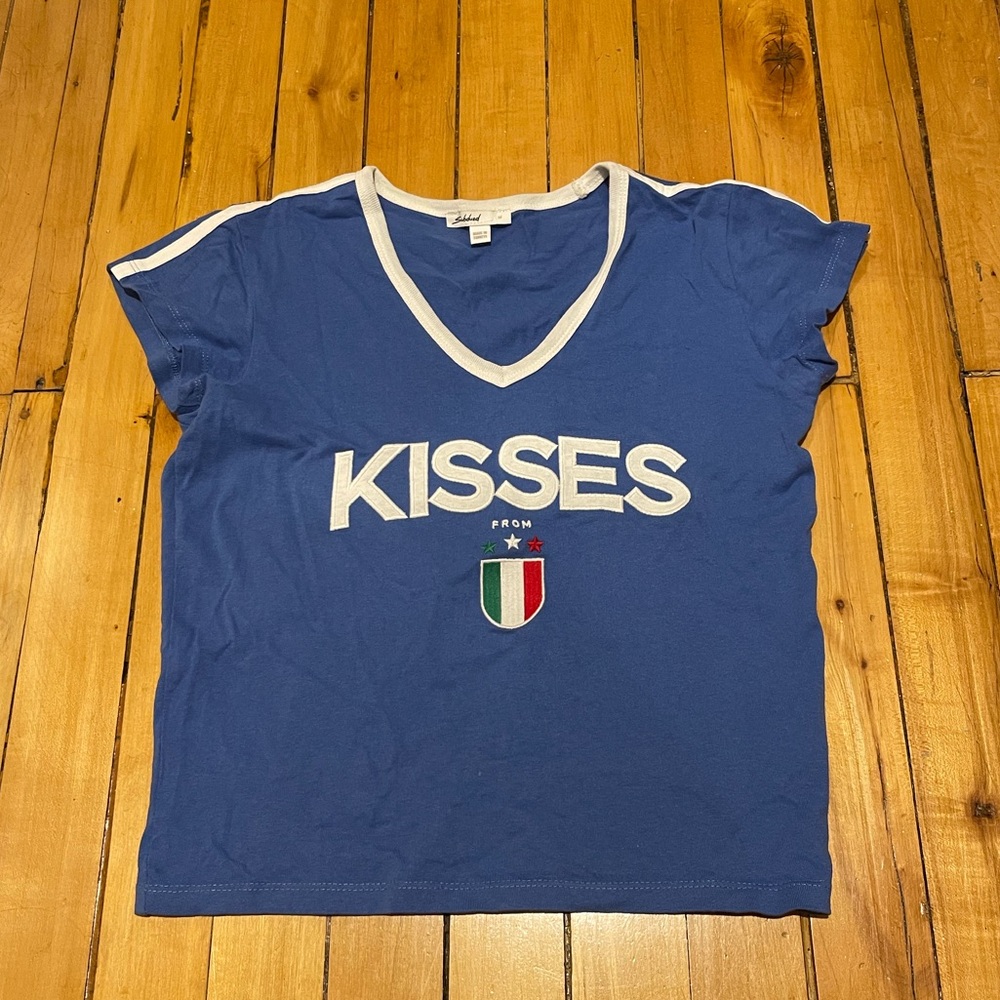 Subdued Blue V-Neck Graphic T-Shirt